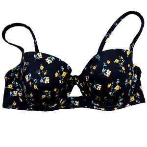 Shade & Shore Underwire Plunge Black Floral Bikini Top; 36C